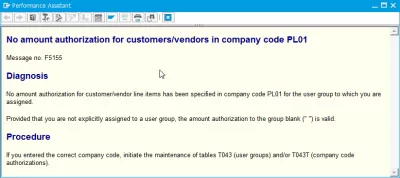 SAP : 회사 코드 메시지 F5155에서 고객 / 공급 업체에 대한 금액 승인 없음 오류 해결 : SAP 오류 메시지 F5155