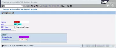 SAP에서 BOM을 변경하는 방법 : 그림 7 : SAP CS02 자재 BOM 변경 : 초기 화면 변경 번호에서 자동으로 복사 된 날짜