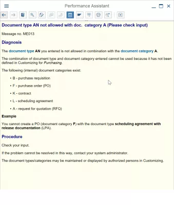 SAP RFQ غلطی حل کریں ME013 دستاویز کی قسم کو دستاویزات کے ساتھ اجازت نہیں ہے۔ قسم : غلطی پیغام ME013 دستاویز کی قسم A کے ساتھ دستاویزات کی اجازت نہیں ہے۔ زمرہ A (براہ کرم ان پٹ کو چیک کریں)