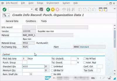 سجل معلومات الشراء في SAP MM S4HANA : ME11 إنشاء بيانات تسجيل بيانات منظمة المشتريات القياسية 1