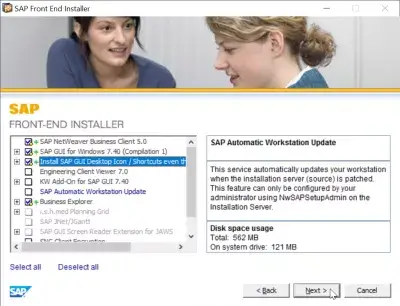 SAP GUI quraşdırılması 740 addımlar : Quraşdırmaq üçün SAP komponentlərinin seçilməsi