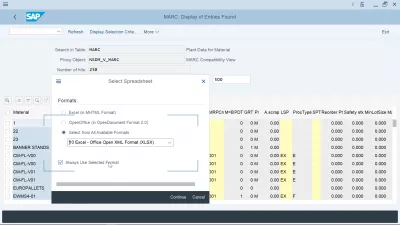 SAP, Ako Exportovať Do Tabuľky Programu Excel? : Exportná tabuľka exportu SAP zmení predvolený formát: výberom možnosti Vždy použiť vybraný formát