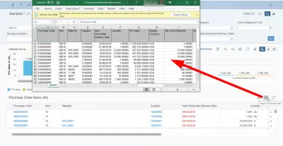 SAP Hogyan Exportálható Excel Táblázatba? : SAP Fiori export az Excel Spreasheet-nek egy vásárlási megrendelés táblázatában