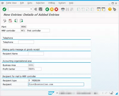 SAP Определяне на MRP контролер (Планиране на материални изисквания) : Екран за създаване на MRP контролер