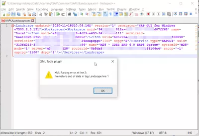 Hvor Er Saplogon.Ini-Fil Gemt I Windows 10? : Notepad ++, der meddeler et XML-syntaksproblem, når du gemmer Sapuilandscape.xml-filen