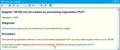 SAP פרטי רכישה שיא הספק עדיין לא נוצר על ידי רכישת ארגון : תיאור SAP של השגיאה בעוזר הביצועים