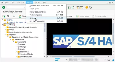 Exibir nomes técnicos no SAP : Acesso ao menu Extras> Configurações